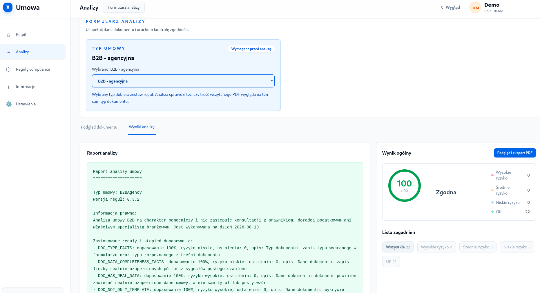 Ekran programu Umowa z formularzem analizy, raportem i wynikiem zgodności